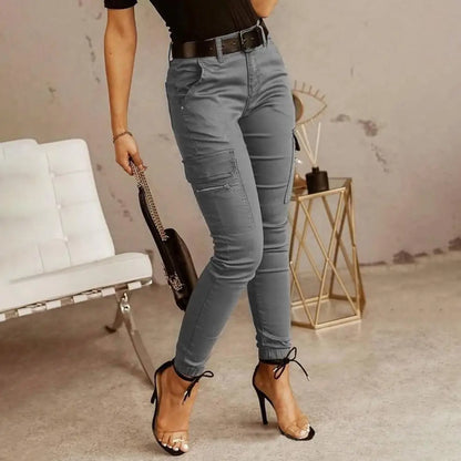 Pantalon Cargo Femme Multi-Poches Coton – Taille Mi-Haute, Coupe Slim, 5 Coloris