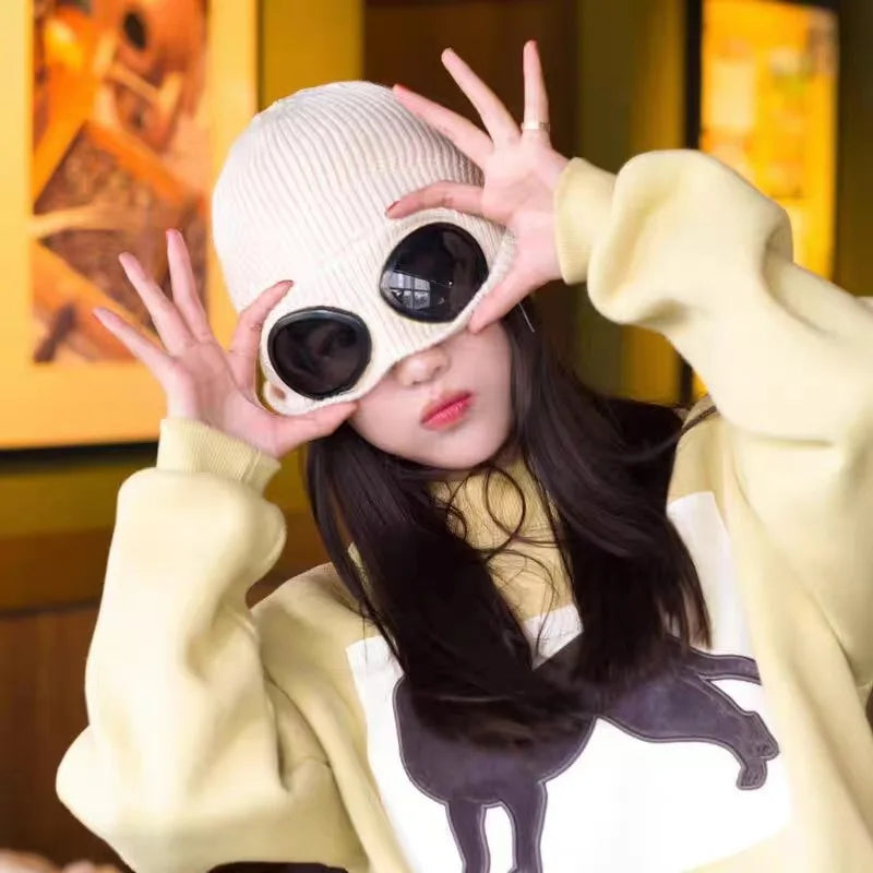 Bonnet avec lunettes unisexe, maille chaude pour l'hiver