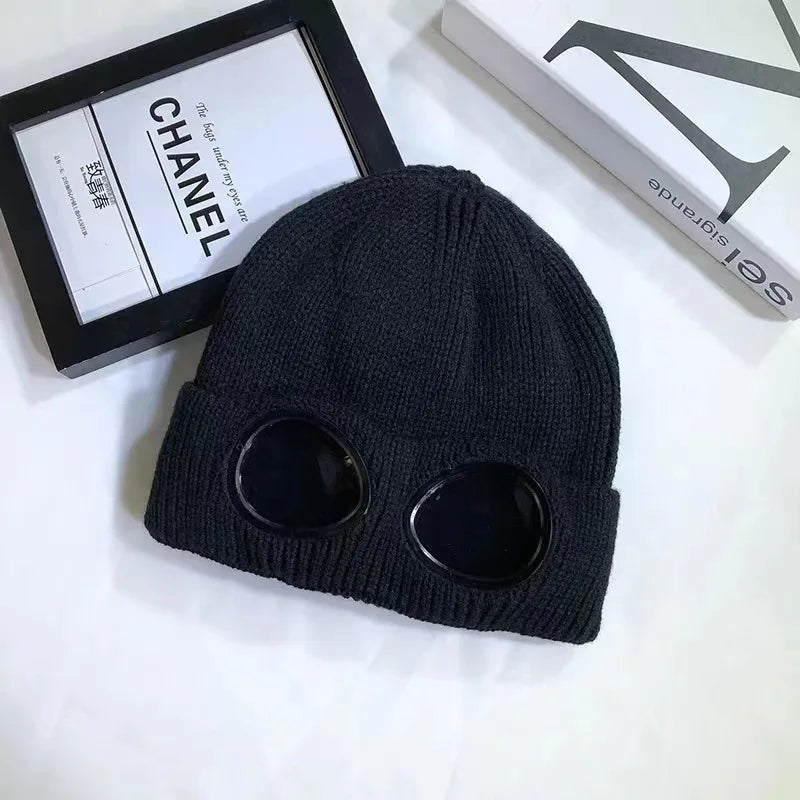 Bonnet avec lunettes unisexe, maille chaude pour l'hiver