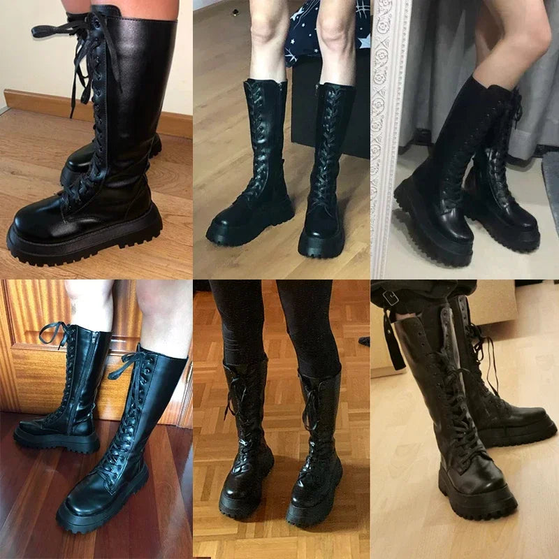 Bottes hautes femme noires en simili cuir à semelle épaisse