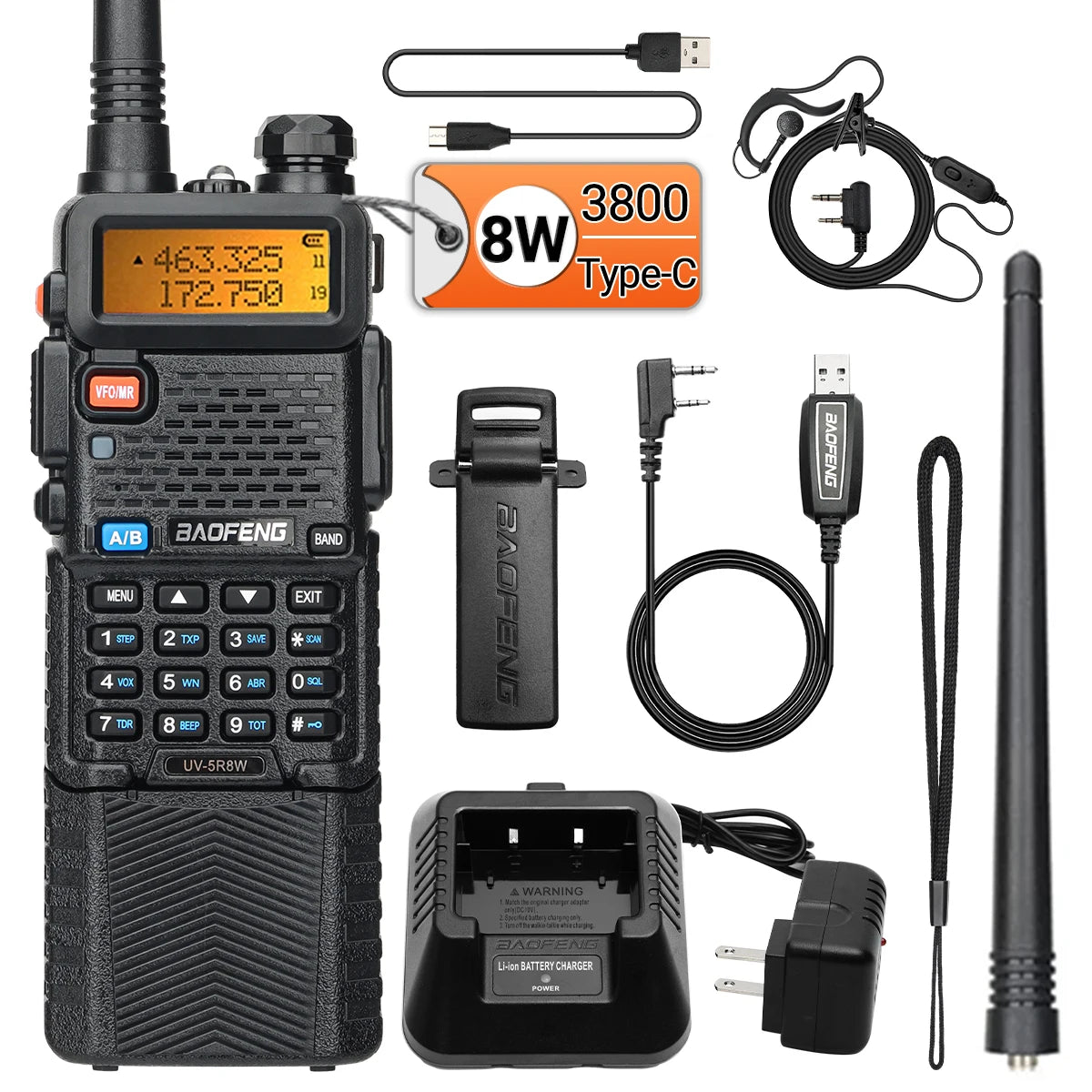 Baofeng UV-5R 8W – Talkie-Walkie Bi-Bande VHF/UHF, Batterie 3800mAh, Charge Type-C - BLACKBEARD OUTDOOR INDUSTRIES