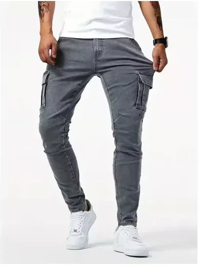 Jean Cargo Slim Stretch Homme – Multi-Poches, Taille Mi-Haute, Style Streetwear