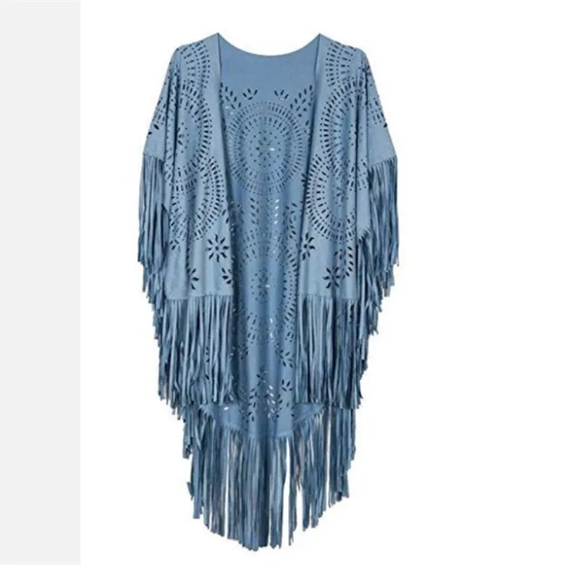 Poncho Cape Femme Bohème à Franges – Châle Vintage Floral Toutes Saisons