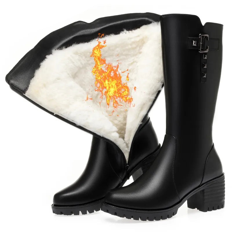 Bottes montantes femme en cuir véritable à talon carré