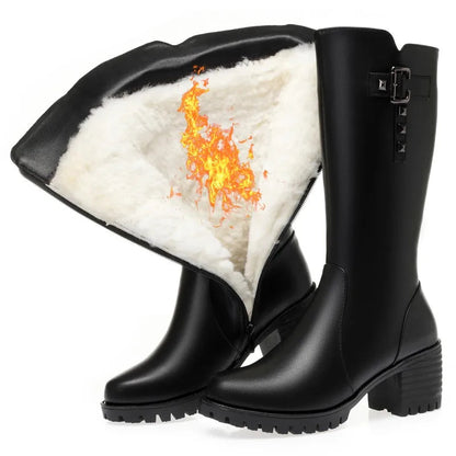 Bottes montantes femme en cuir véritable à talon carré