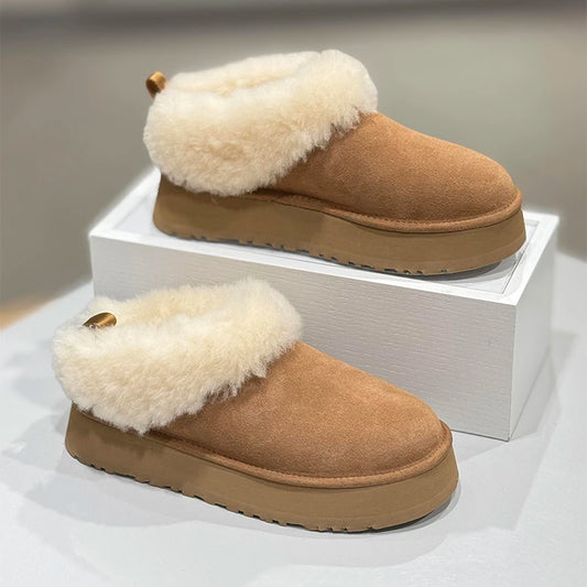 Bottines de Neige Femme Fourrure & Laine – Semelle Épaisse, Talon Carré, Slip-On Hiver