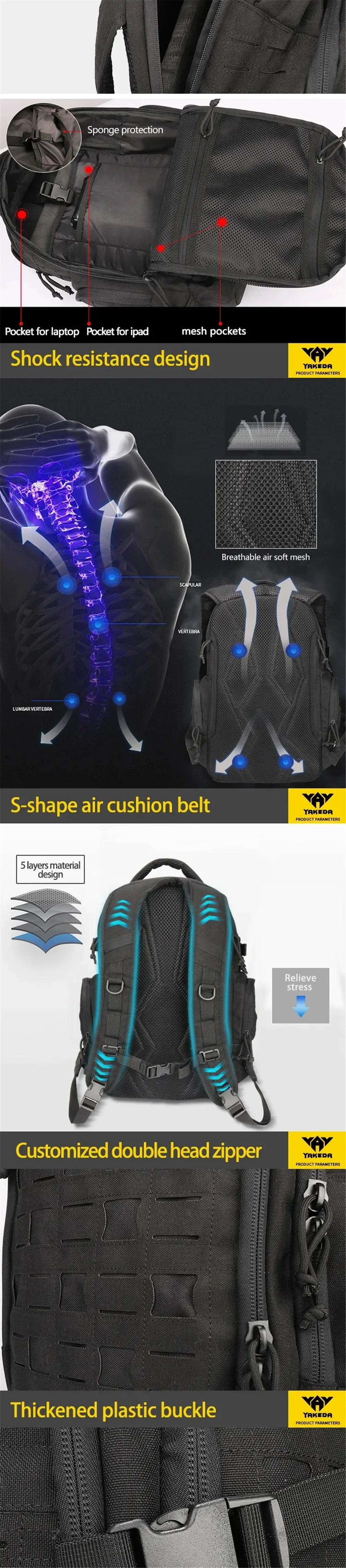 Sac à Dos Tactique YAKEDA – Randonnée, Trekking, Montagne, Camping Camouflage 600D Molle - BLACKBEARD OUTDOOR INDUSTRIES