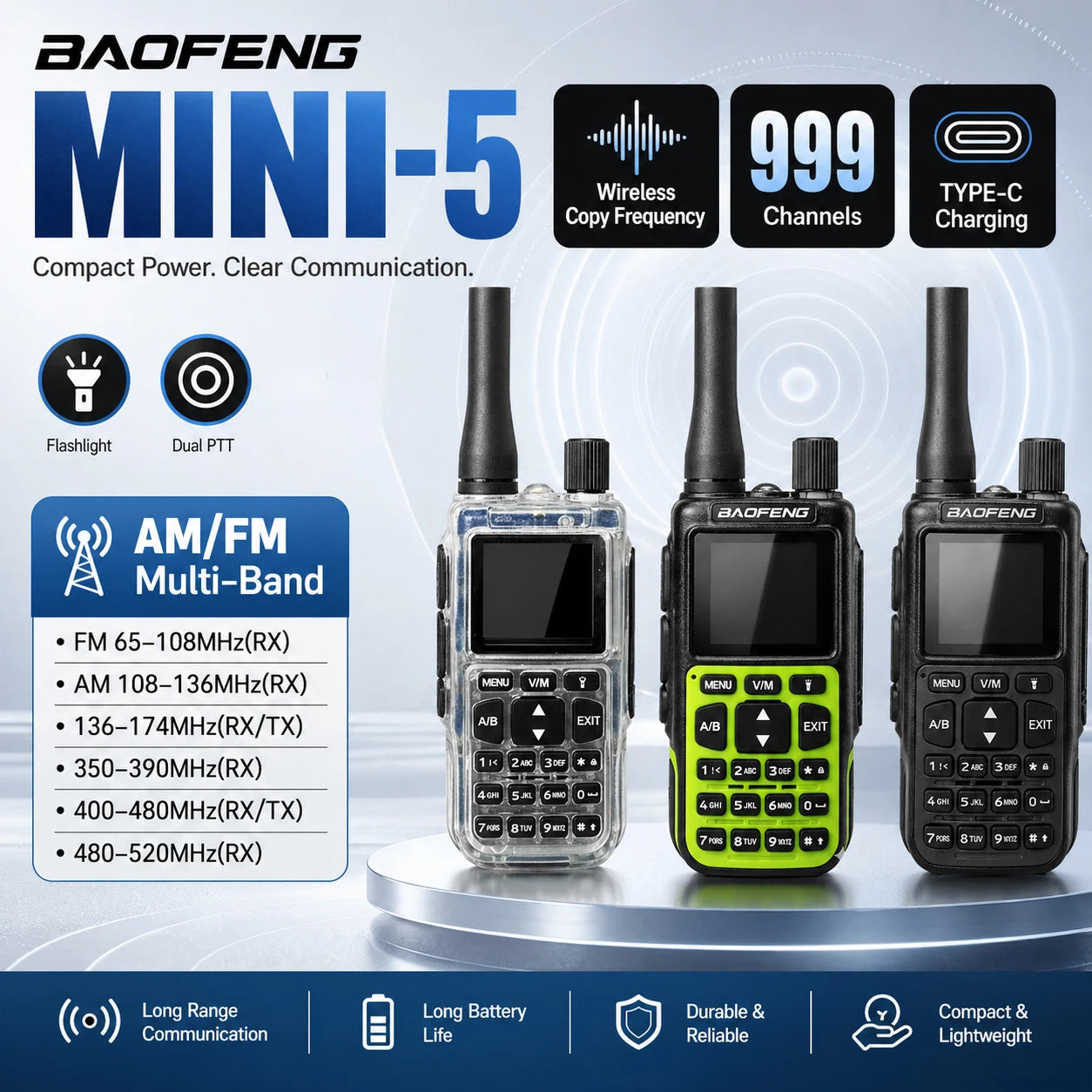 Talkie-Walkie Baofeng MINI-5 – Programmation Bluetooth, 999 Canaux, USB-C, Double PTT