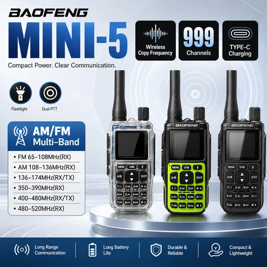Talkie-Walkie Baofeng MINI-5 – Programmation Bluetooth, 999 Canaux, USB-C, Double PTT