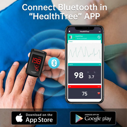 Oxymètre de Pouls Bluetooth au Doigt – Saturation SpO2, Fréquence Cardiaque & Index de Perfusion avec Appli