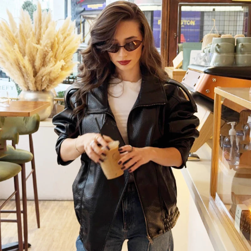 Veste Bomber Femme Similicuir – Coupe Courte Oversize, Col Montant, Fermeture Éclair | High Street Toutes Saisons | XS à L | 3 Coloris - BLACKBEARD OUTDOOR INDUSTRIES