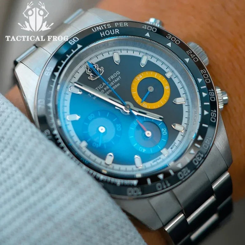 Montre Homme Tactical Frog TF004 – Chronographe Solaire VS75 – Étanche 200M – Verre Saphir – Bracelet Acier Inoxydable - BLACKBEARD OUTDOOR INDUSTRIES