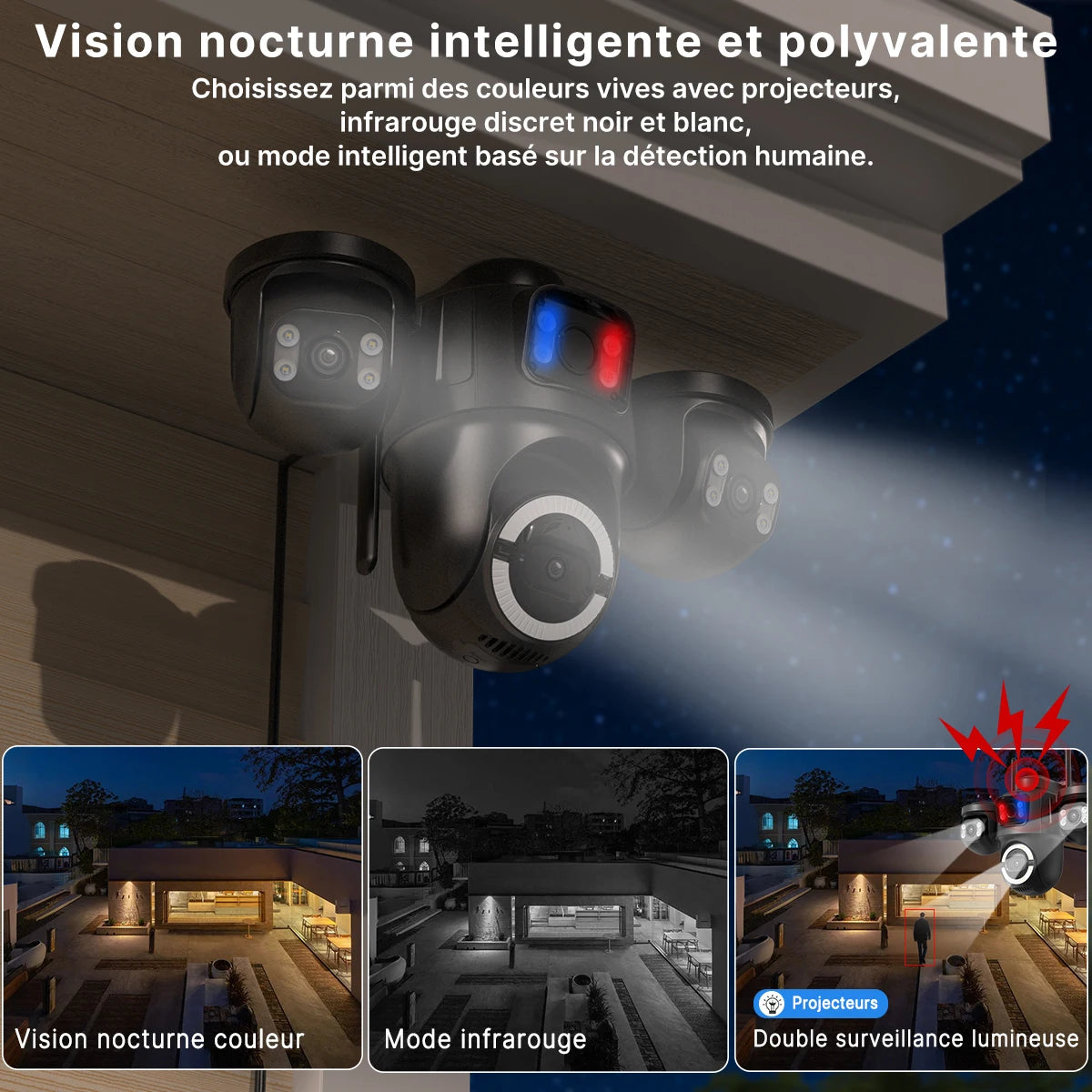 Caméra de surveillance WiFi extérieure PTZ à 3 objectifs