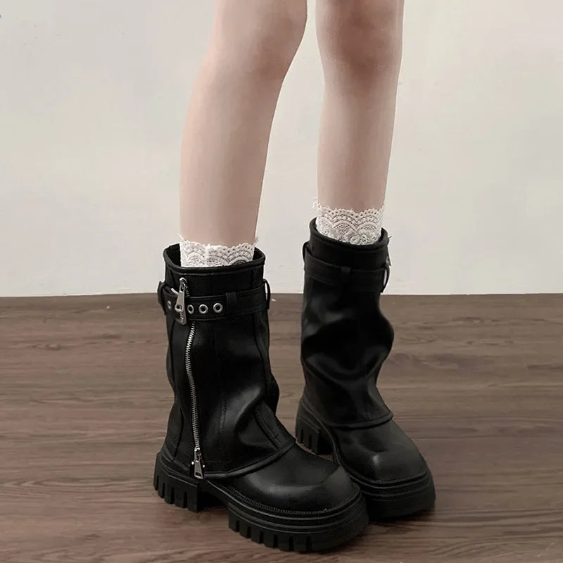 Bottes motardes femme mi-mollet à boucle