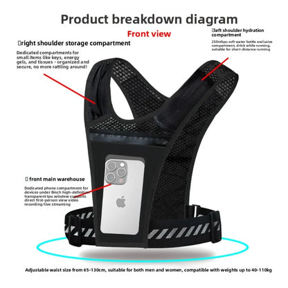 Gilet de running réfléchissant léger, porte-téléphone et porte-gourde