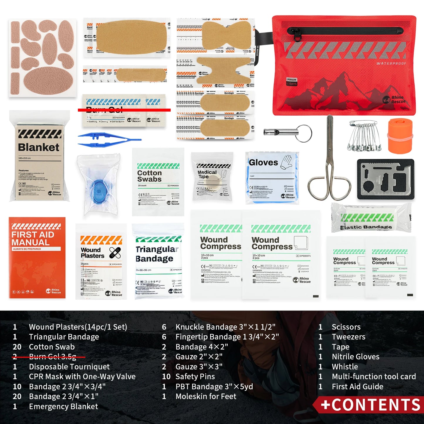Kit de premiers secours léger Rhino Rescue - Trousse médicale ultralégère et étanche pour randonnée, vélo, voyage et véhicules