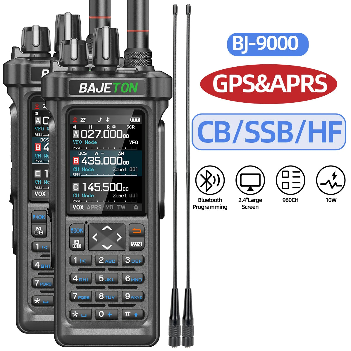 BAJETON BJ-9000 – talkie-walkie APRS GPS 10W, VHF/UHF & CB 27 MHz, récepteur AM/FM/SSB, programmation Bluetooth, USB‑C, triple veille - BLACKBEARD OUTDOOR INDUSTRIES