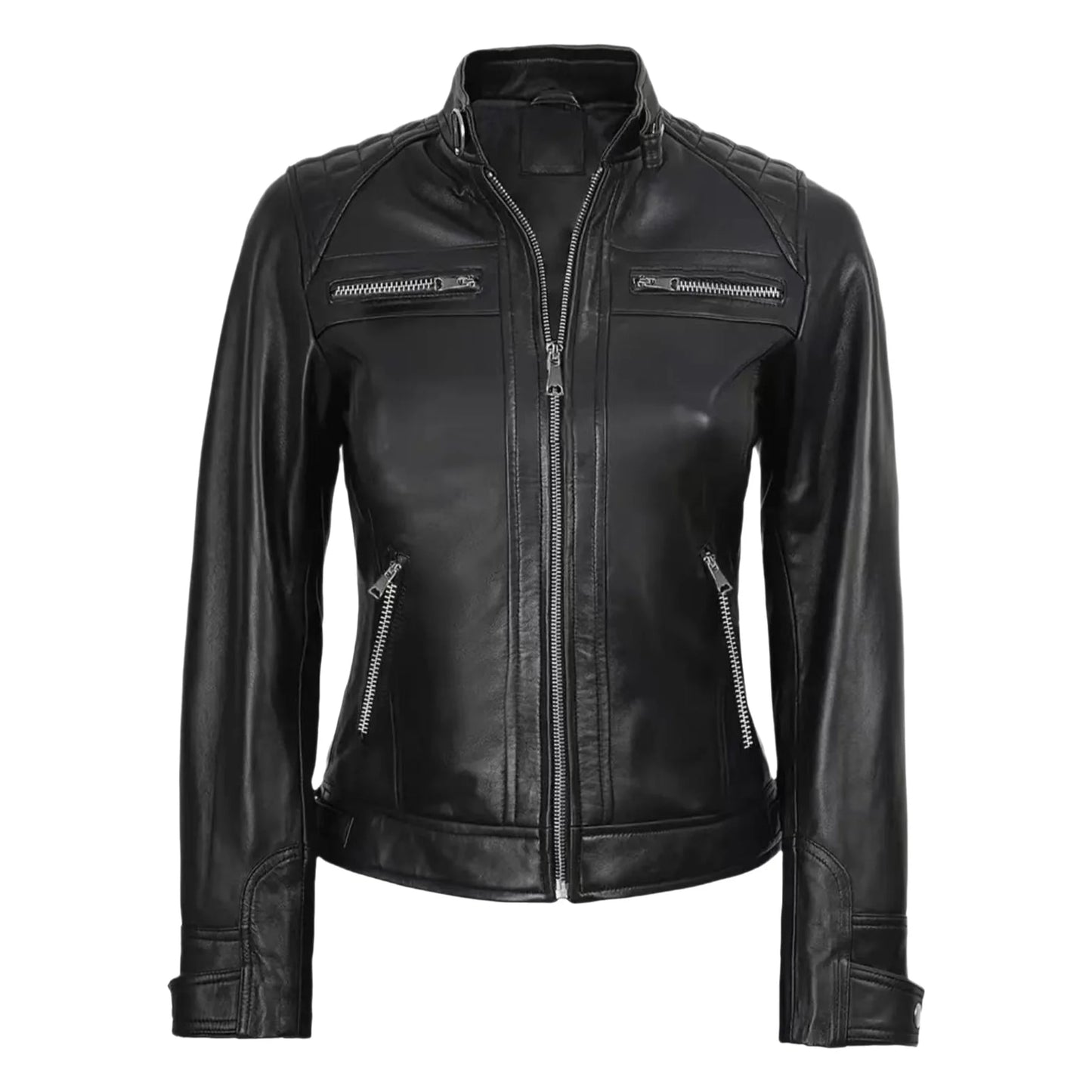 Veste en Cuir PU Femme Style Moto – Col Officier, Slim Fit, Sà XXL