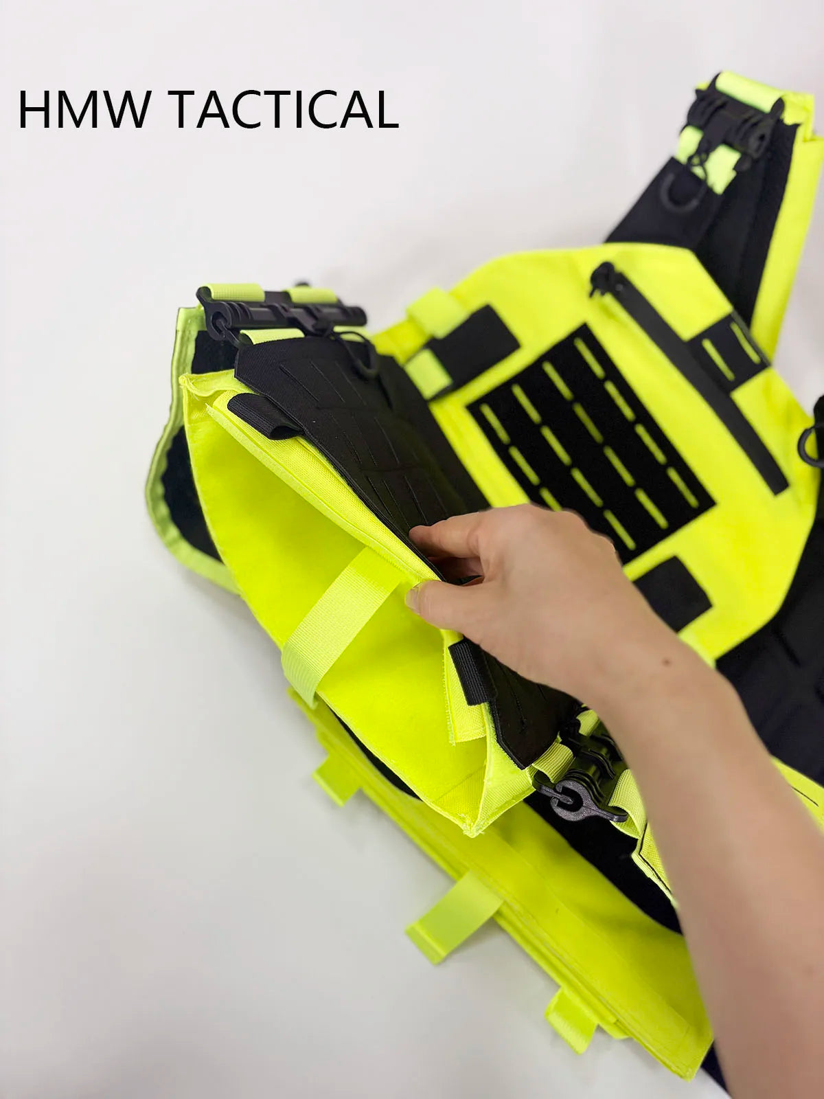 Porte-plaque tactique jaune fluo MOLLE pour sécurité privée, léger, dégagement rapide