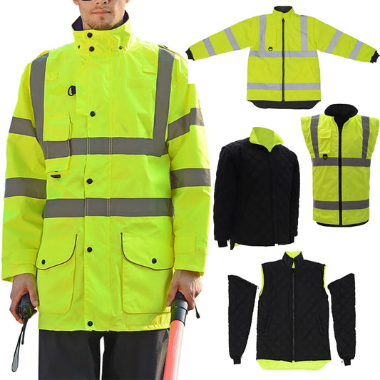 Veste de Sécurité Haute Visibilité EN471 ANSI/SEA 107 7-en-1 - Parka Imperméable et Coupe-Vent, Vêtement de Travail Réfléchissant, Manteau de Pluie Chaud et Résistant - BLACKBEARD OUTDOOR INDUSTRIES