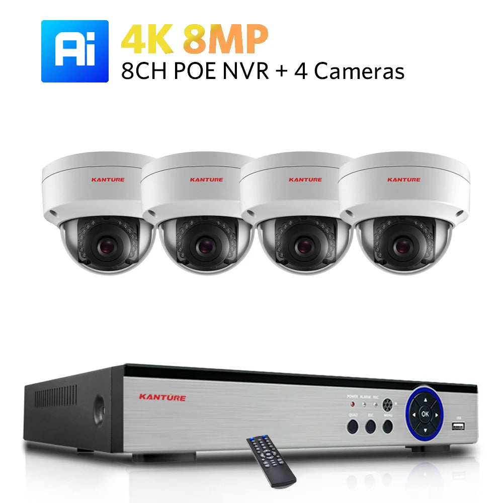 Kit NVR POE 4K/2K 4 ou 8 Canaux + Caméras IP H.265 – Détection IA Visage/Corps/Mouvement, Vision Nocturne IR 20m, IP66, Audio, CE/FCC