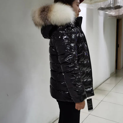 Doudoune brillante femme à capuche – duvet de canard, courte ou longue