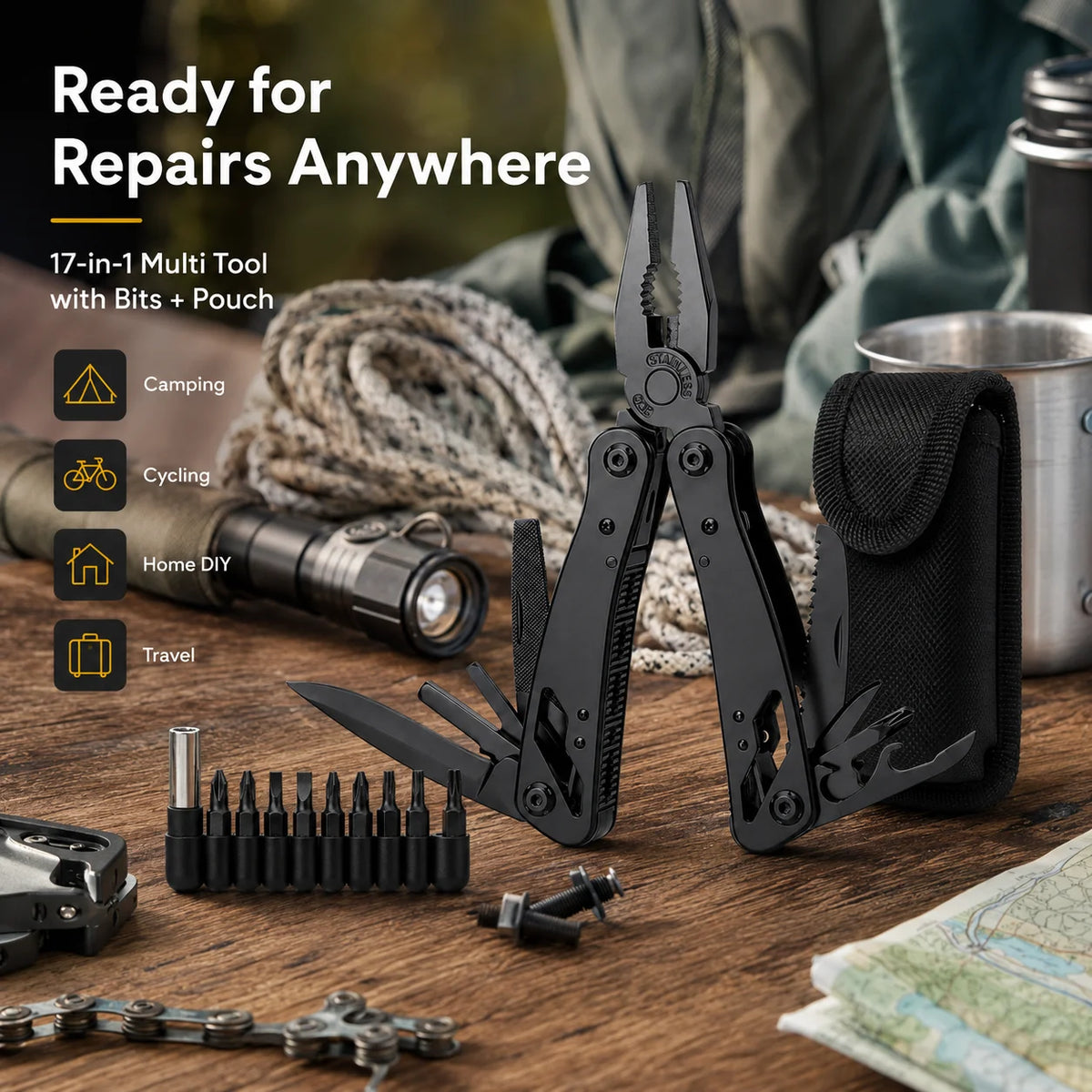 Pince Multifonction Pliante Inox – Multi-Tool avec Tournevis, Lime & Coupe-Fil | EDC & DIY