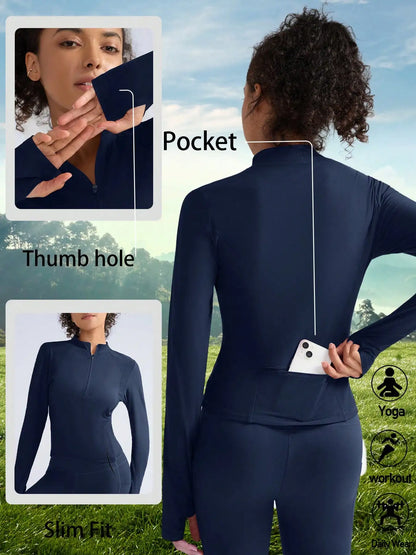 Chemise Randonnée Femme Manches Longues – Demi-Zip Poches Pouces Camping Outdoor