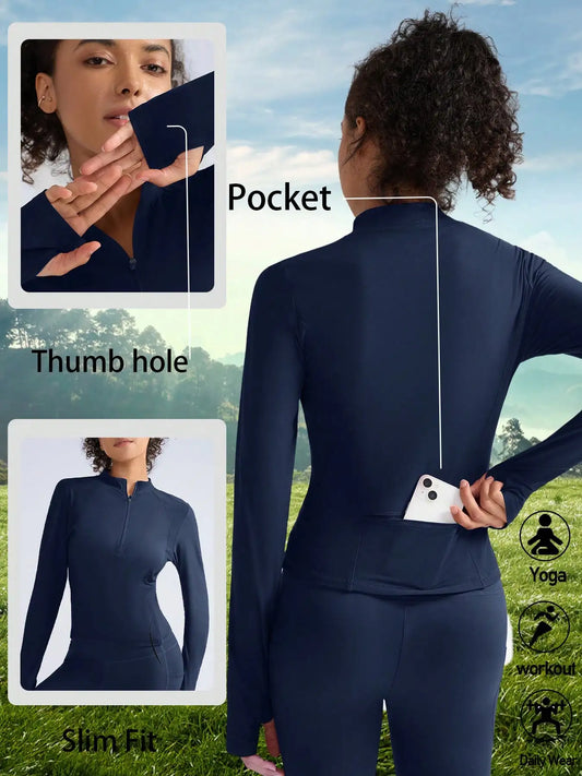 Chemise Randonnée Femme Manches Longues – Demi-Zip Poches Pouces Camping Outdoor