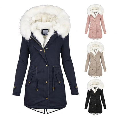 Manteau d’hiver femme long à capuche bordée de fausse fourrure