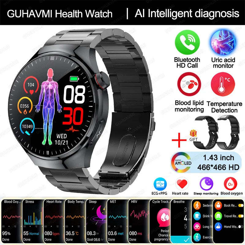 Montre Connectée Médicale GUHUAVMI TK26 – ECG+PPG – Uric Acid, Température, Lipides, Appels Bluetooth – Écran AMOLED 1.43” – Étanche IP68 - BLACKBEARD OUTDOOR INDUSTRIES