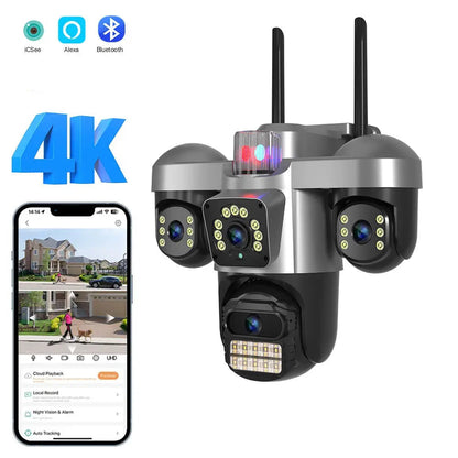 Caméra de Sécurité WiFi 360° Triple Objectif 15MP – Suivi IA, Vision Nocturne Couleur, Extérieur IP66