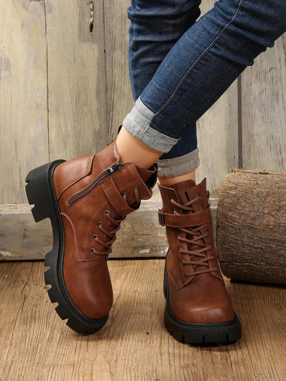 Bottines Femme à Talon Épais – Bottes Combat à Lacets & Fermeture Éclair – Style Punk Rock avec Boucle Ceinture – Pointure Jusqu’au 43 - BLACKBEARD OUTDOOR INDUSTRIES