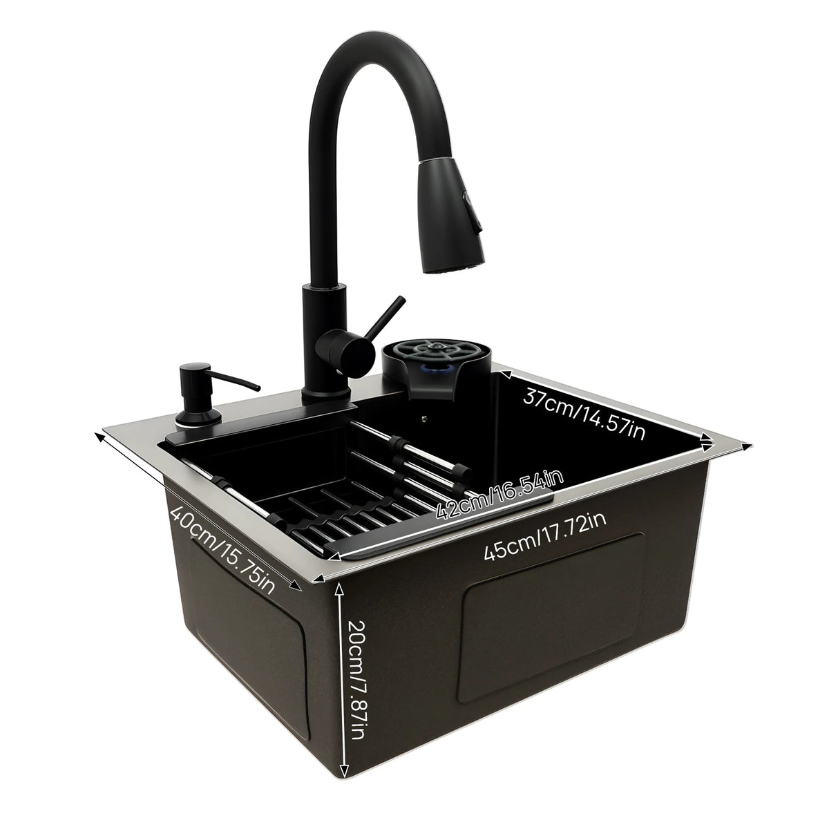Évier Cuisine Inox 201 Noir Nano – Robinet Rétractable, Rince-Tasse, Panier Égouttoir & Distributeur Savon | 45x40 / 50x45 / 60x45 cm