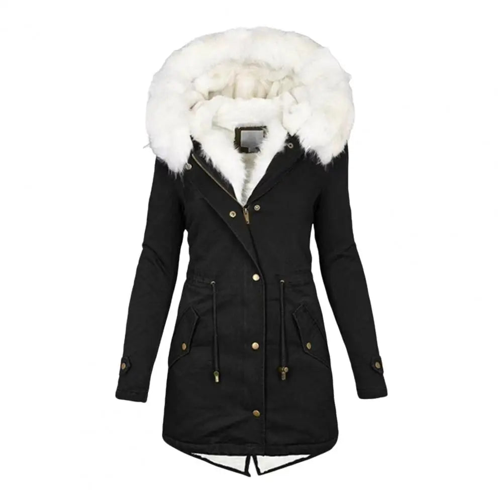 Manteau d’hiver femme long à capuche bordée de fausse fourrure