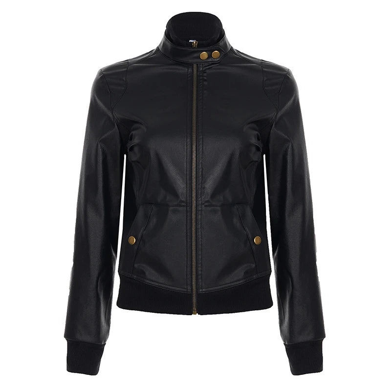 Veste Courte Simili Cuir Femme Col Montant Taille Cintrée – Zip, Style Streetwear Chic