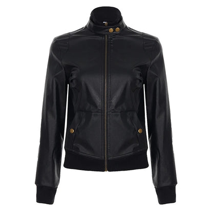 Veste Courte Simili Cuir Femme Col Montant Taille Cintrée – Zip, Style Streetwear Chic