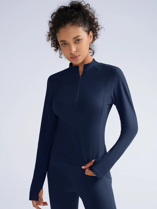 Chemise Randonnée Femme Manches Longues – Demi-Zip Poches Pouces Camping Outdoor