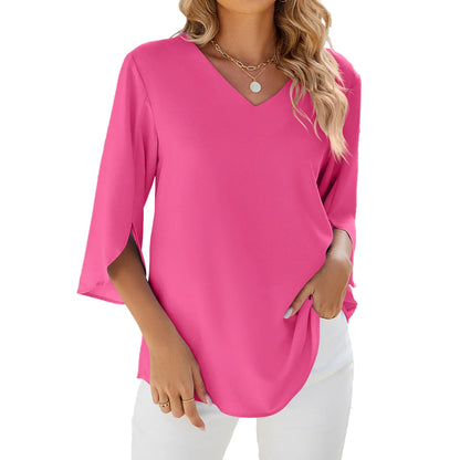 Chemisier Femme en Mousseline Col V - Manches Mi-Longues, Coupe Ample