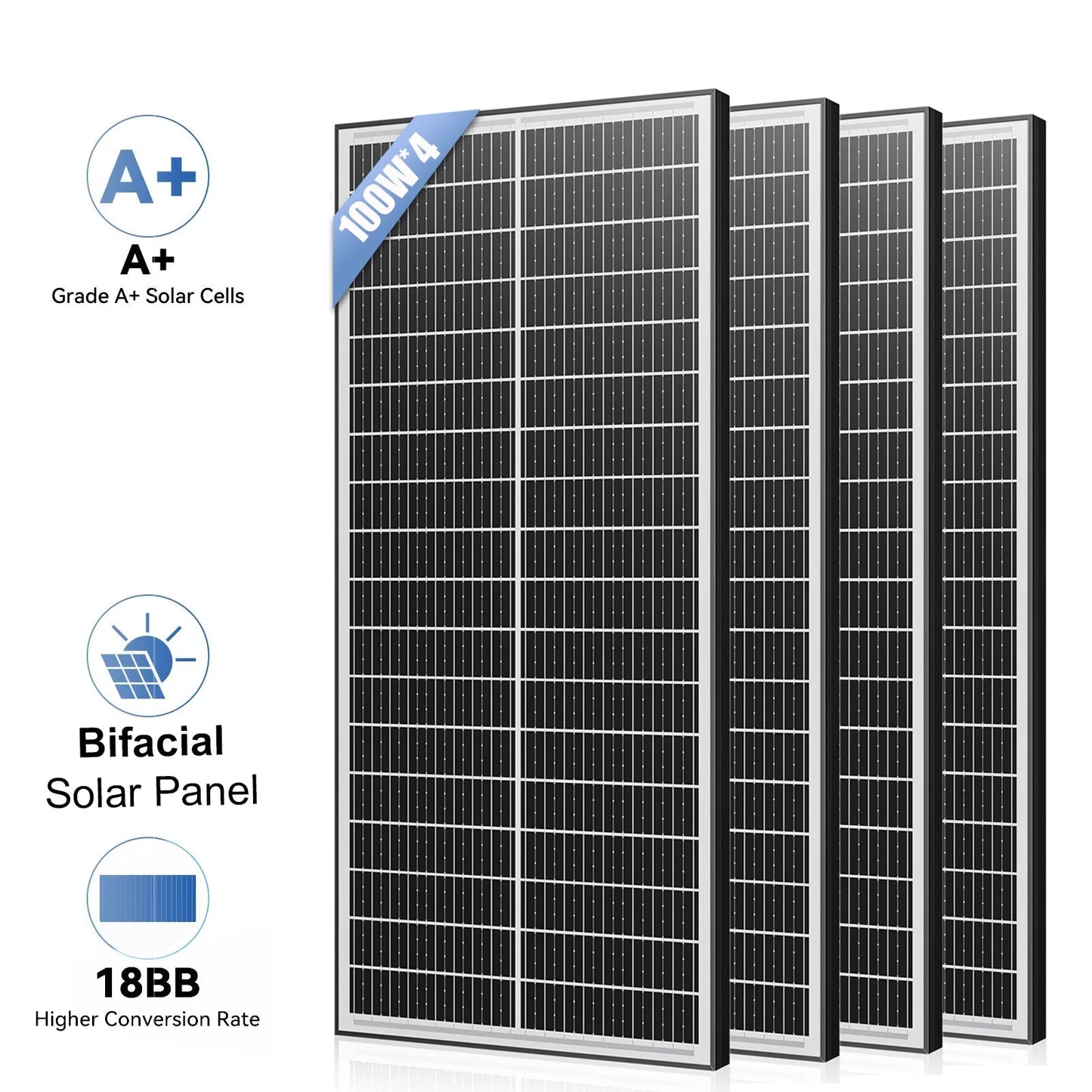 Panneaux solaires monocrystallins 400W RVPOZWER à double face, 25,5% rendement avec cellules 18BB pour toiture résidentielle - BLACKBEARD OUTDOOR INDUSTRIES