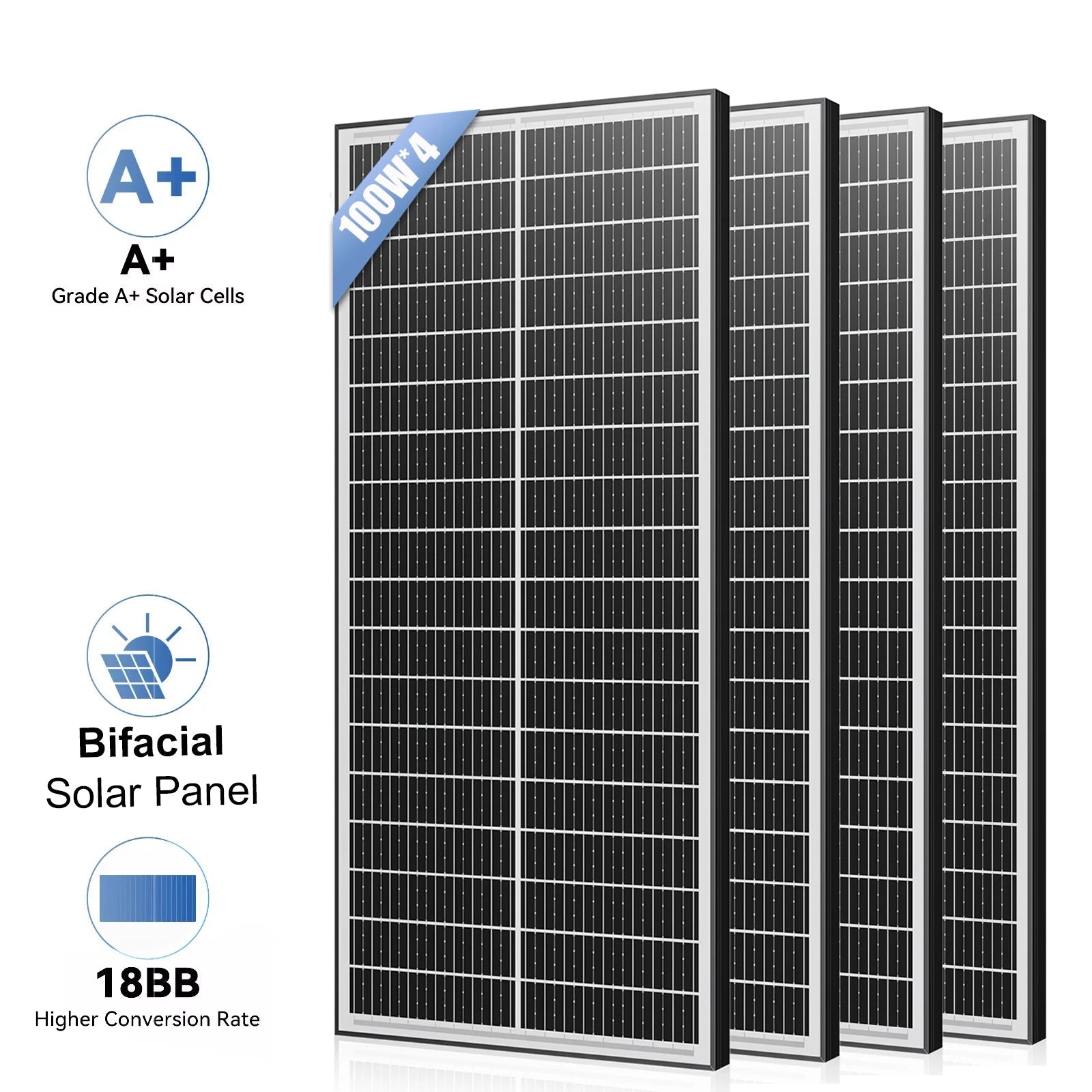 Panneaux solaires monocrystallins 400W RVPOZWER à double face, 25,5% rendement avec cellules 18BB pour toiture résidentielle - BLACKBEARD OUTDOOR INDUSTRIES