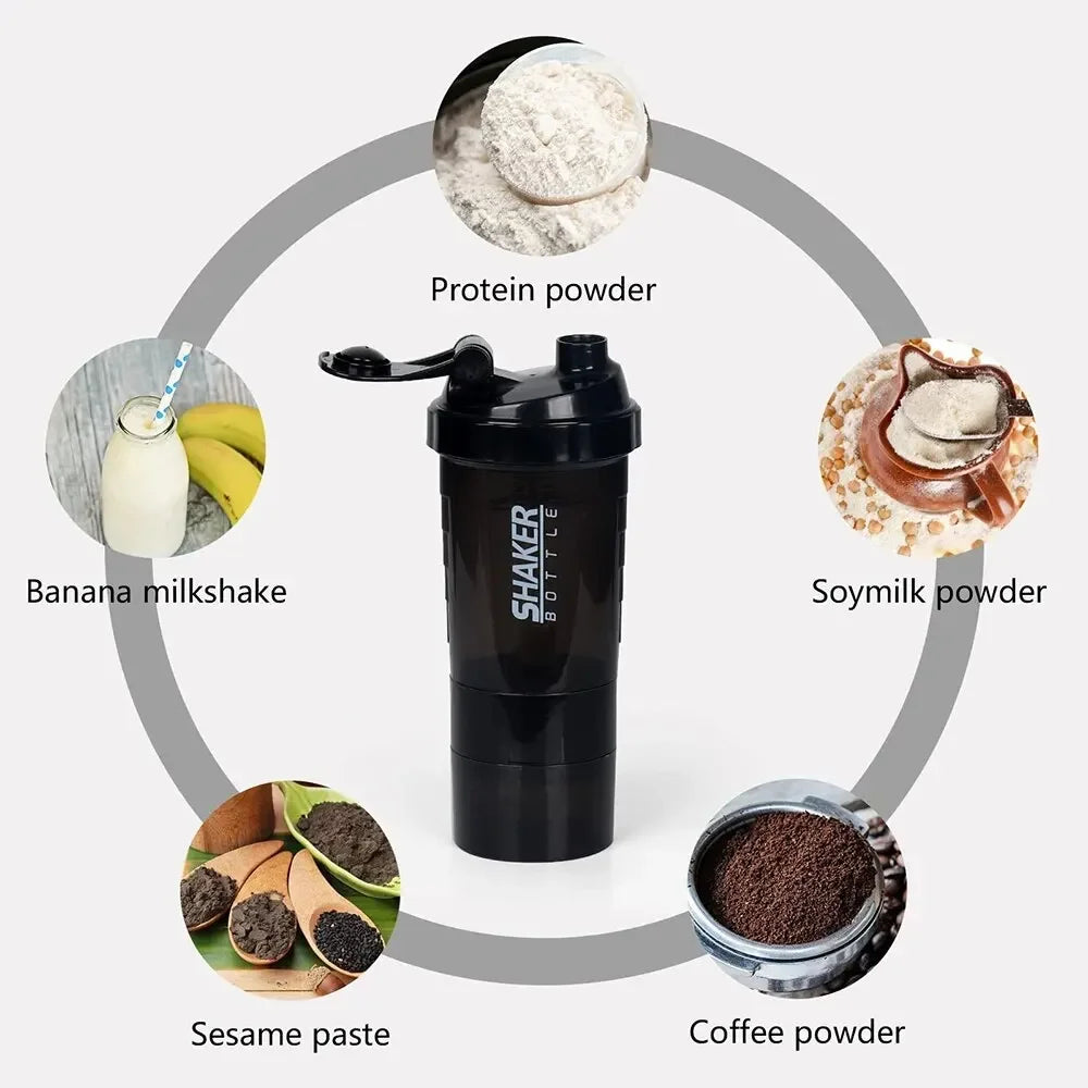 Shaker 3 Compartiments 600ml ABS — Mixage Sans Grumeaux | Sport & Musculation | Gourde Double Usage | Noir, Blanc, Rouge, Bleu