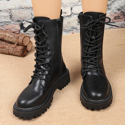 Bottes de Combat Femme Cuir PU – Talon Carré Zip Mi-Mollet Style Britannique