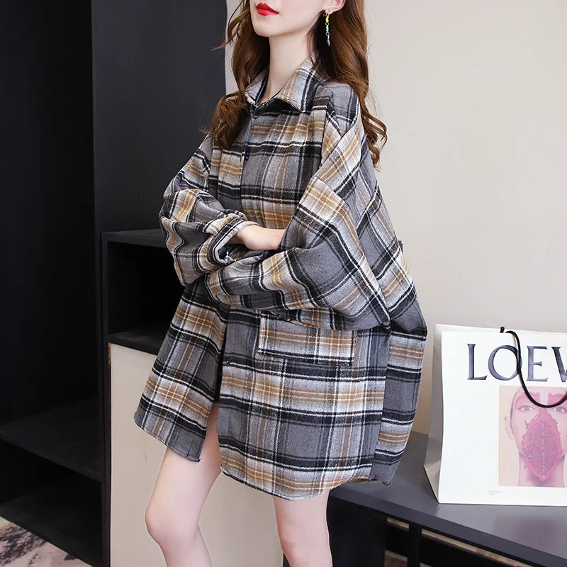 Chemise à Carreaux Femme Manches Longues – Coupe Loose Vintage Preppy Style