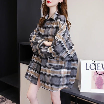 Chemise à Carreaux Femme Manches Longues – Coupe Loose Vintage Preppy Style