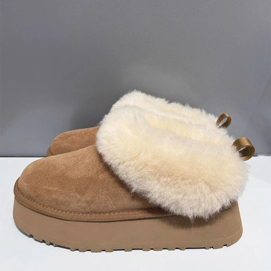 Bottines de Neige Femme Fourrure & Laine – Semelle Épaisse, Talon Carré, Slip-On Hiver