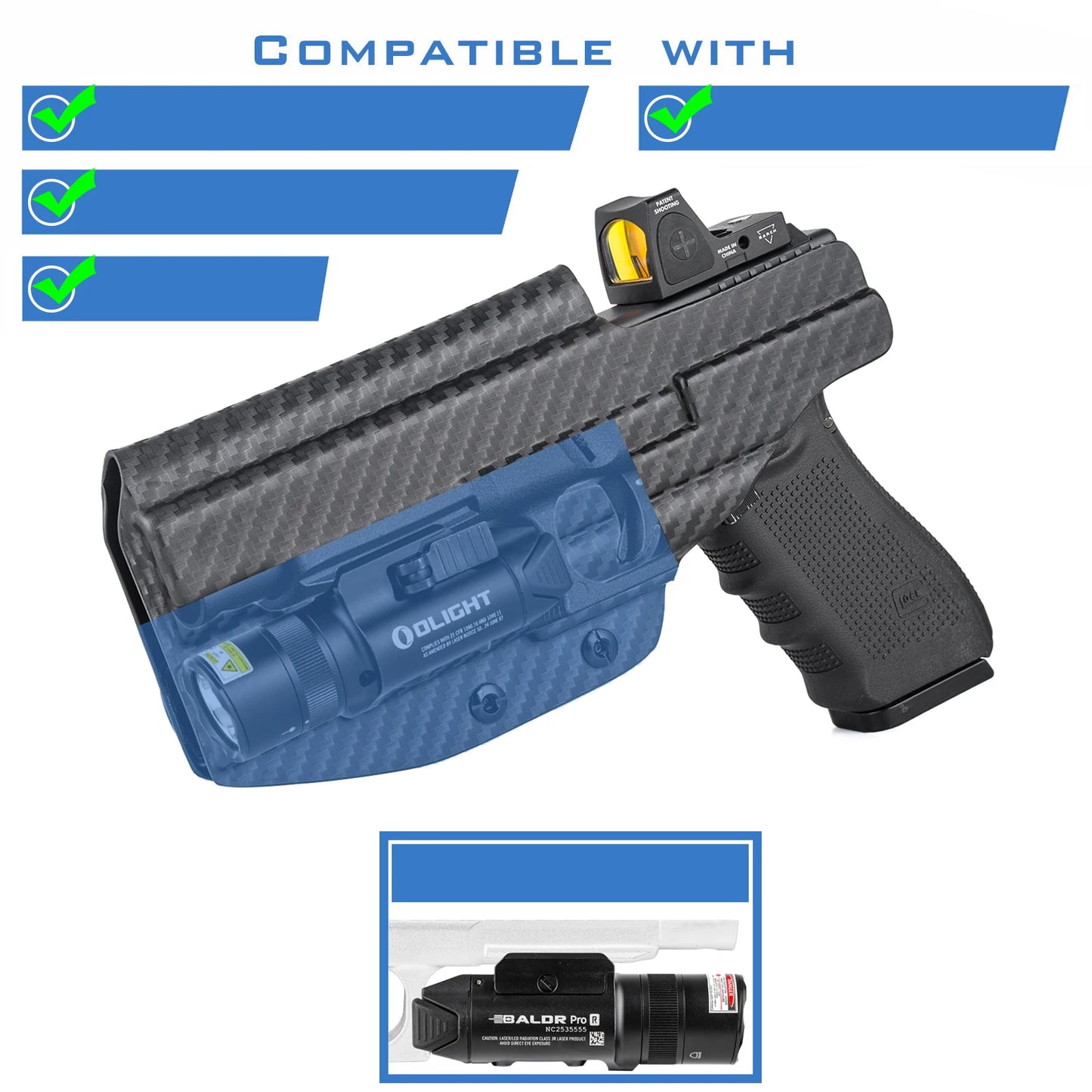 Holster IWB Kydex Glock 19 19X 23 25 32 44 45 + Olight Baldr Pro R – Port Dissimulé Ceinture, Rétention Réglable | Droitier & Gaucher - BLACKBEARD OUTDOOR INDUSTRIES