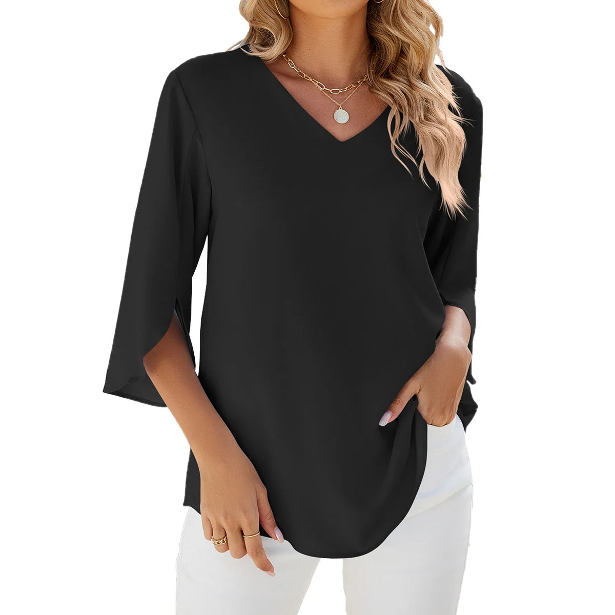 Chemisier Femme en Mousseline Col V - Manches Mi-Longues, Coupe Ample