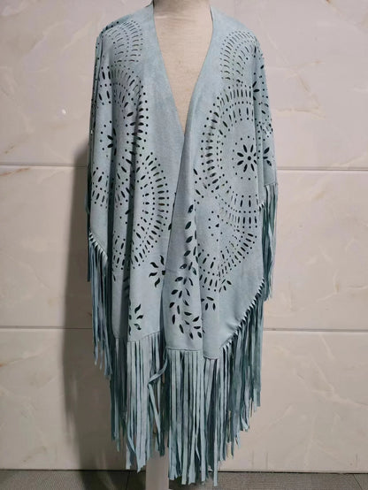 Poncho Cape Femme Bohème à Franges – Châle Vintage Floral Toutes Saisons
