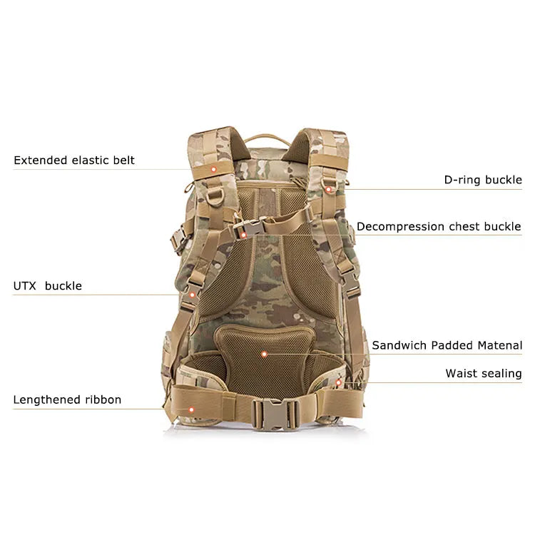 Sac à Dos Tactique Yakeda KF-007 45-50L Nylon 1000D – Camouflage ATFG, CP, BK, GN, TAN | Randonnée, Airsoft, Escalade